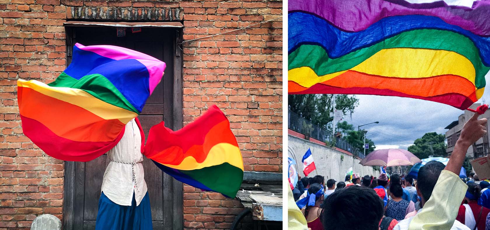 [LEFT] LGBTIQ+ agenda is slowing coming in the mainstream culture, but queer individuals are still forced to hide their identities. This picture of Deepsh Shrestha represents the dichotomy. [RIGHT] Queer Indigenous March 2019. Photo: Dia Yonzon