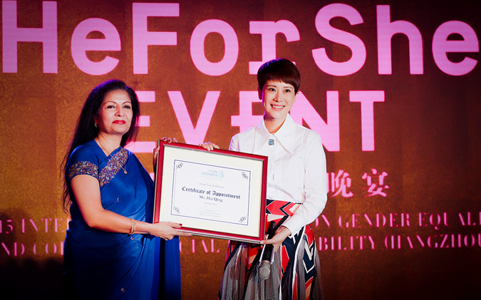 Ms. Puri presents the Goodwill Ambassador certificate to Haiqing