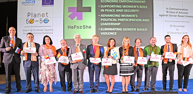 EU Ambassador and the EU Head of Mission or their representatives in Indonesia pledge for HeForShe to show their commitment in the achievement of gender equality. Photo: UN Women/Aloke Pictures