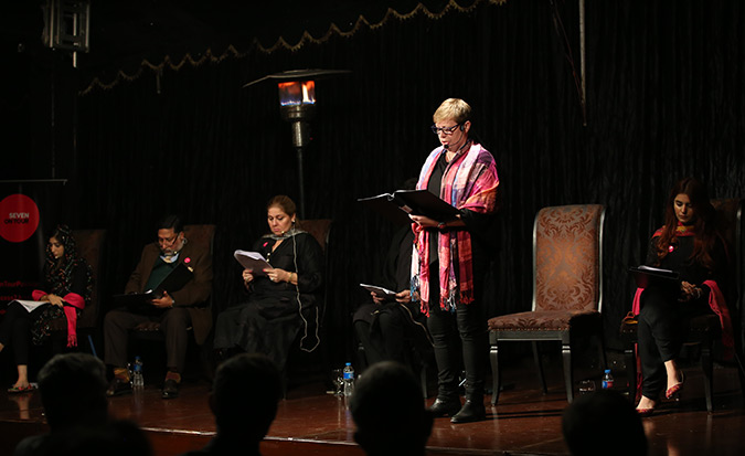 Islamabad Ambassador Ingrid Johansson of Sweden hosts the event and participates as one of the readers of at the premiere of SEVEN. Photo: UN Women/Haris Khalid
