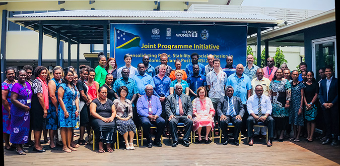 Participants pose for a group photo at the 28 February ceremony launching the second phase of the United Nations programme to help build peace in Solomon Islands. Photo: UNDP/Andrew Buoro