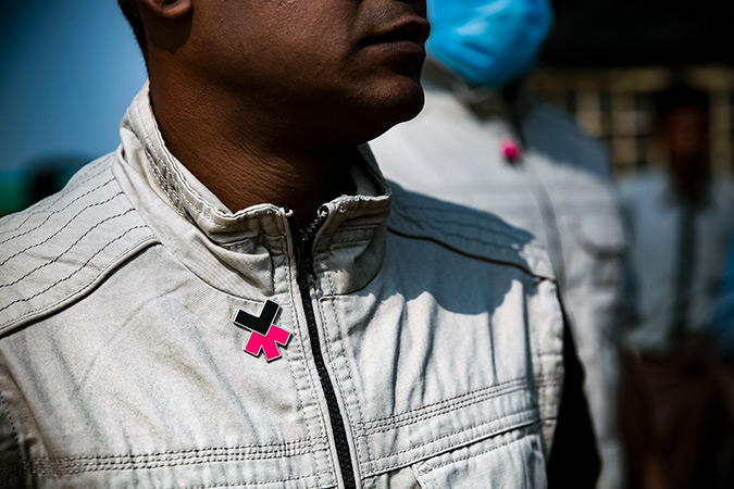 "He For She" pins are seen In Balukhali Rohingya Refugee camp February 1, 2018 in Chittagong district, Bangladesh. Photo: UN Women/Allison Joyce
