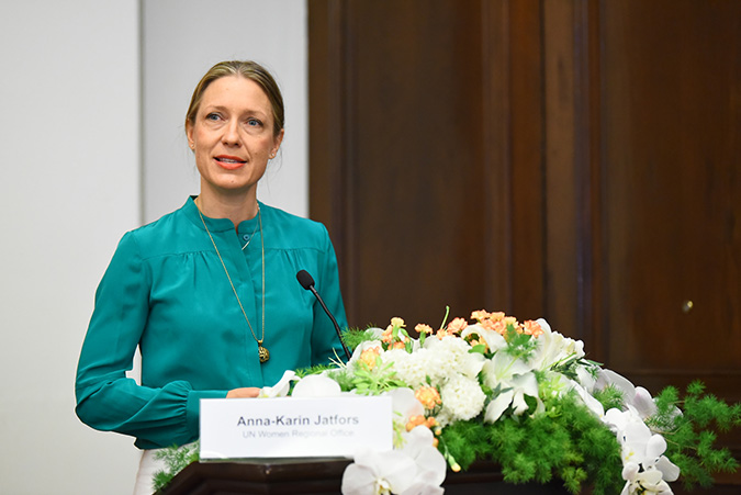 UN Women Regional Director, a.i. for Asia and the Pacific, Anna-Karin Jatfors, speaking at the public launch of the programme to enhance women’s access to justice in Asia Pacific. Photo: UN Women/Pornvit Visitoran