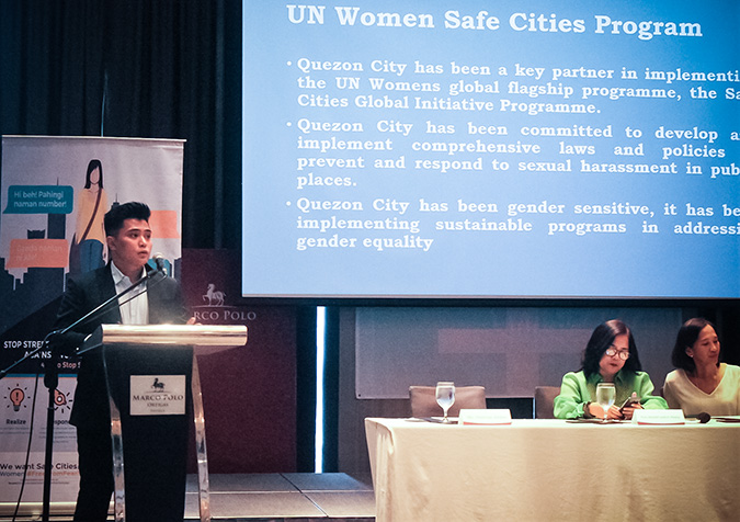 Dominic Managhaya, an Executive Assistant in the City Administrator’s Office, Quezon City, tells the forum on 11 July how the city has dealt with sexual harassment. In April 2016, Quezon City implemented the Philippines’ first city ordinance penalizing sexual harassment in public spaces.  Photo: UN Women/Minjeong Ham