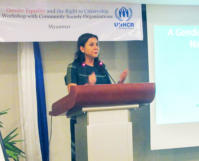 Smriti Aryal, UN Women Myanmar’s Head of Office (a.i.), gives welcoming remarks at the event. Photo: UNHCR