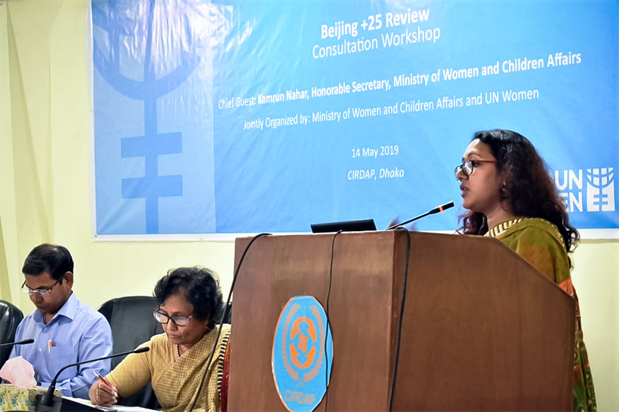 Representing the Ministry of Foreign Affairs, Monica Shahanara, Director of UN discussed the progress and challenges in the implementation of the Beijing Platform for Action. Photo: UN Women