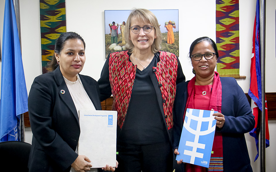 Ayshanie Medagangoda-Labé, Resident Representative of UNDP and Gitanjali Singh, Officer in Charge (OiC), UN Women Nepal signed an inter-agency agreement to collaborate on advancing gender equality and women’s empowerment in Nepal, in presence of Valerie Julliand, UN Resident Coordinator in Nepal. Photo: UNRCO/Simrika Sharma
