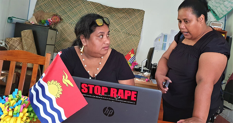 Teretia Tokam with staff at the Kiribati Women and Children Support Centre. Photo: UN Women/Jacqui Berrell