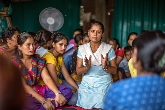 Rita Dhakal, social mobilizer, during orientation program in multi purpose women center in Panchkhal on July 1, 2015