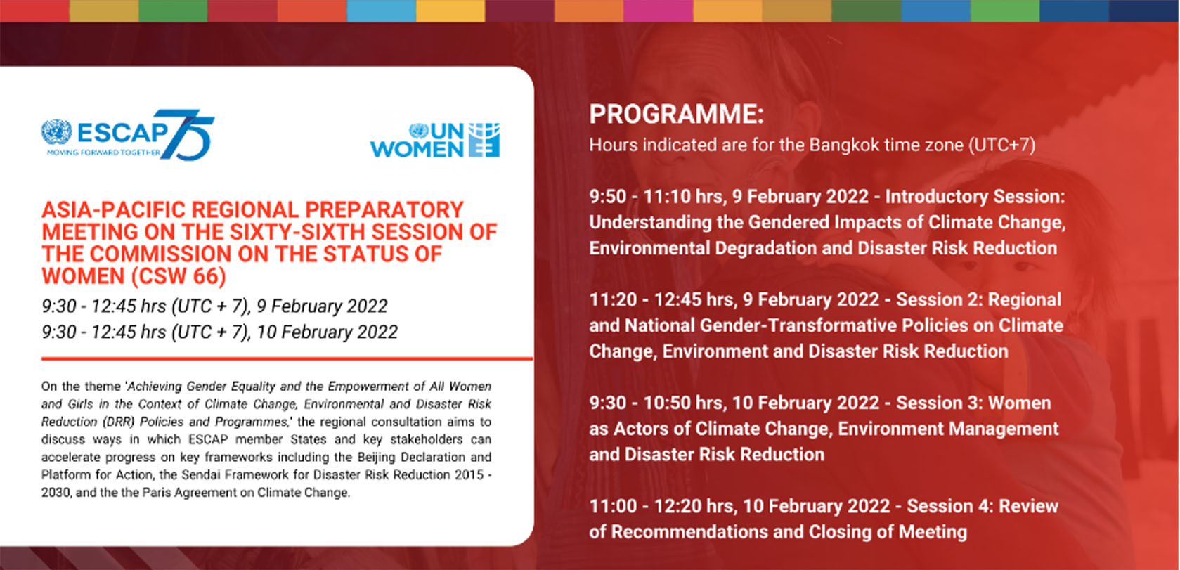 Asia-Pacific Regional Consultation on the priority theme for the 66th session of the Commission on the Status of Women (CSW 66): “Achieving gender equality and the empowerment of all women and girls in the context of climate change, environmental and disaster risk reduction policies and programmes”