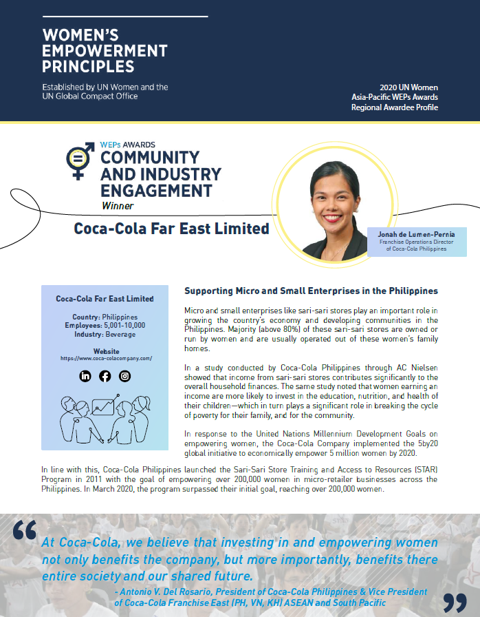 UN Women 2020 Asia Pacific Awards Regional Awardee Profile Community and Industry Engagement Coca-Cola far East Limited