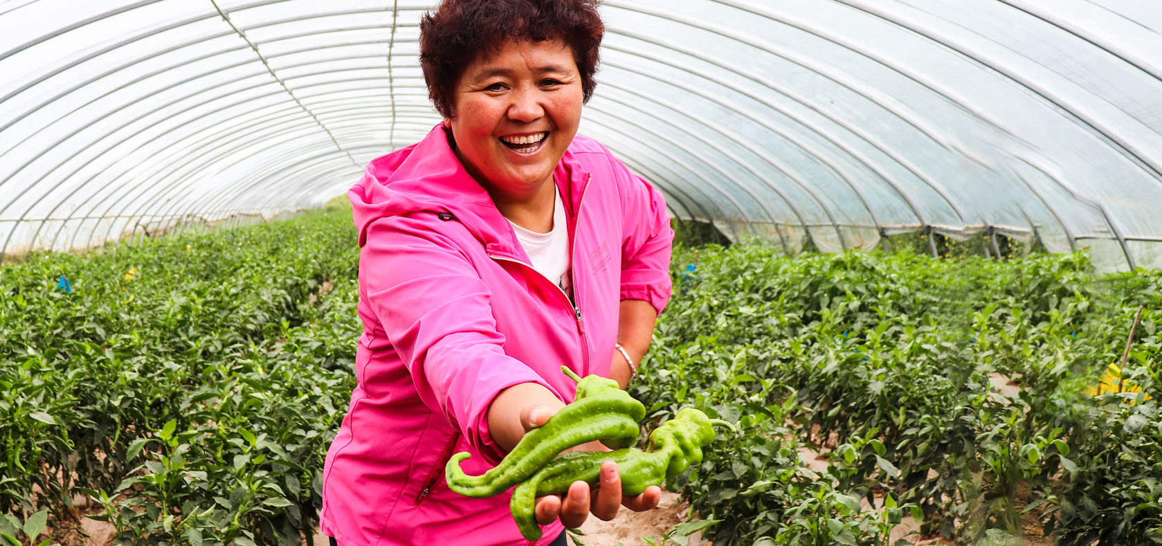 Ms. Tie Lingmei shows off produce grown by the collective. Photo: UN Women/Jiayuan Wang