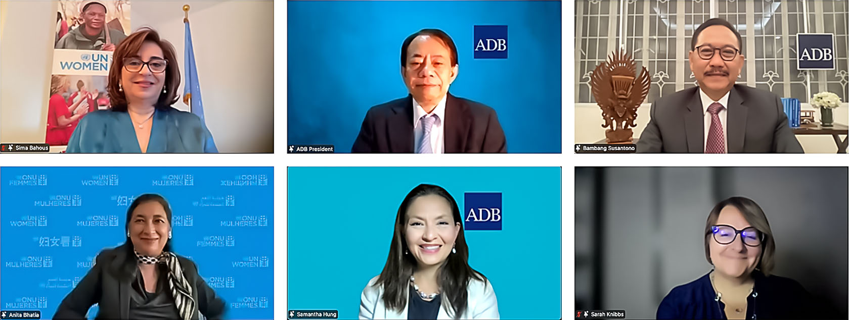 (From left, first row) UN Women Executive Director, Sima Bahous; ADB President Masatsugu, at press time, and Vice President, Bambang Susantono.(Second row) UN Women Deputy Executive Director, Anita Bhatia; Chief of Gender Equality Thematic Group at ADB, Samantha Hung; and Officer-in-Charge at UN Women Regional Office for Asia and the Pacific, Sarah Knibbs.