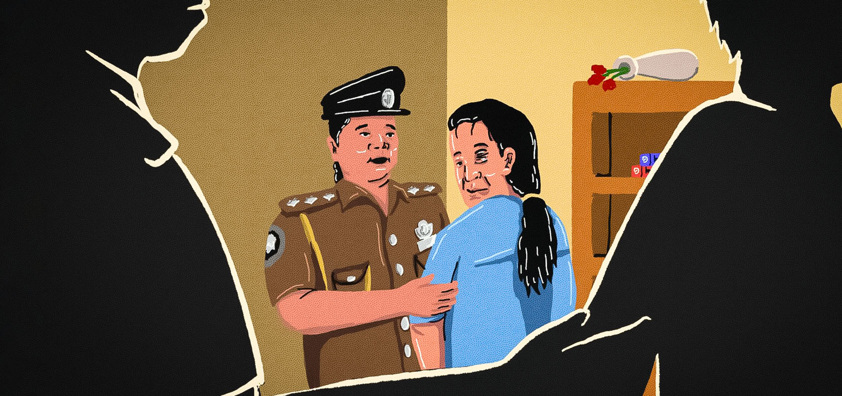 Sanjeewani comforting a woman who has been subject to domestic violence while the perpetrator is being escorted by another officer. Illustration: UN Women Sri Lanka/Akila Weerasinghe