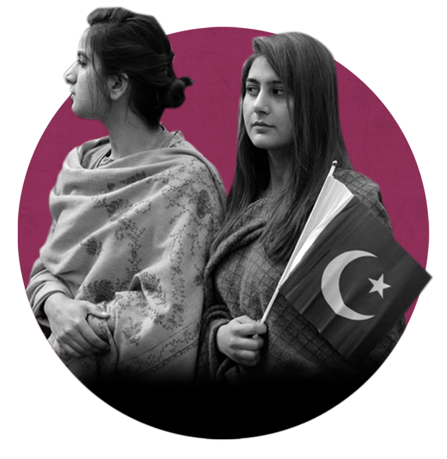 A photo of two young women. One is holding a Pakistan flag.
