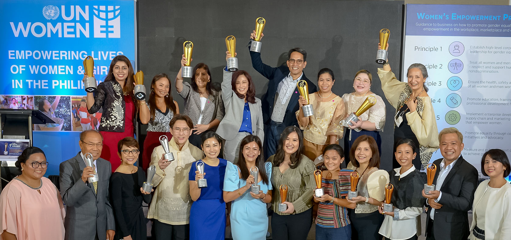 The winners and runners-up of 2022 Philippines Women’s Empowerment Principles Awards celebrate at the awards ceremony in Manila, Philippines on 20 October 2022. Photo: Philippine Business Coalition for Women Empowerment/Paolo Pangan