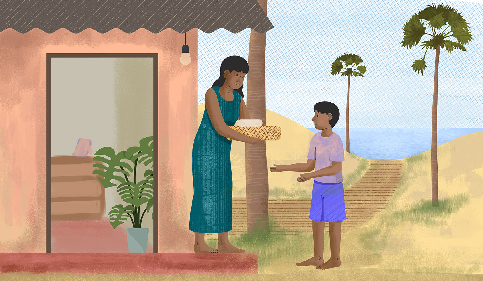 Jesuda sends food to the labourers through her son. Illustration: UN Women/Dinuk Senapatiratne