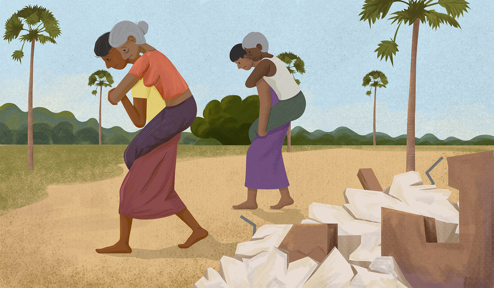 Saratha (left) and her sister travel from village to village carrying their elderly parents. Illustration: UN Women/Dinuk Senapatiratne