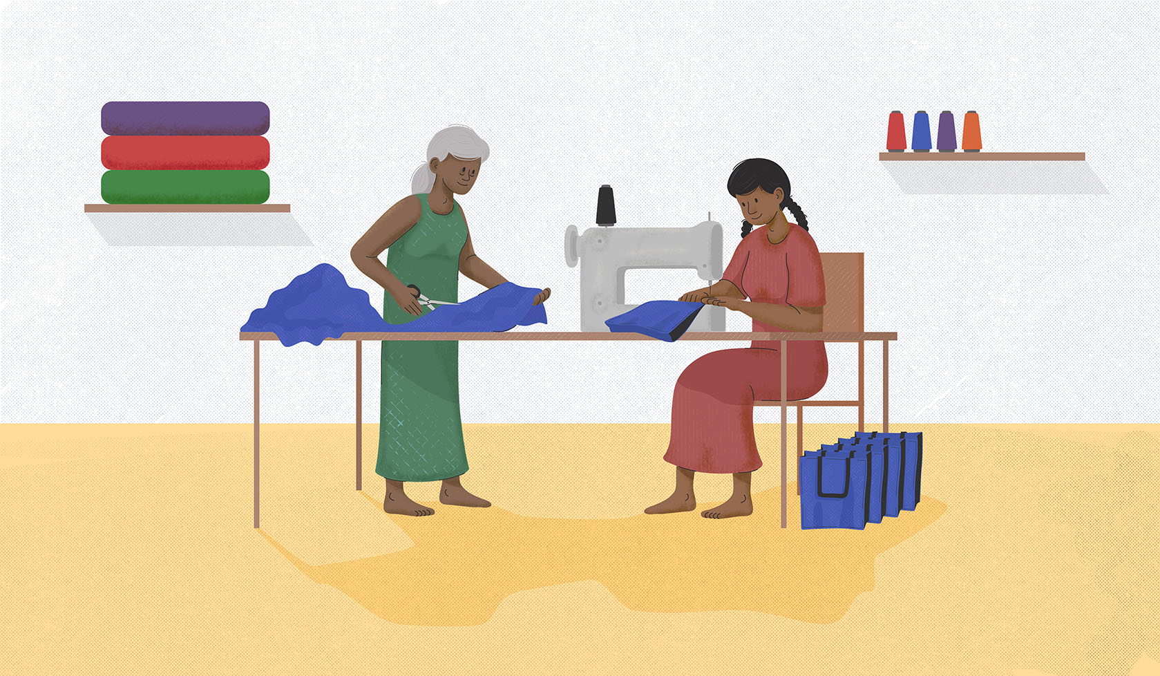 Navarathnarasa Ranjanita (right) and her mother do tailoring work. Illustration: UN Women/Dinuk Senapatiratne