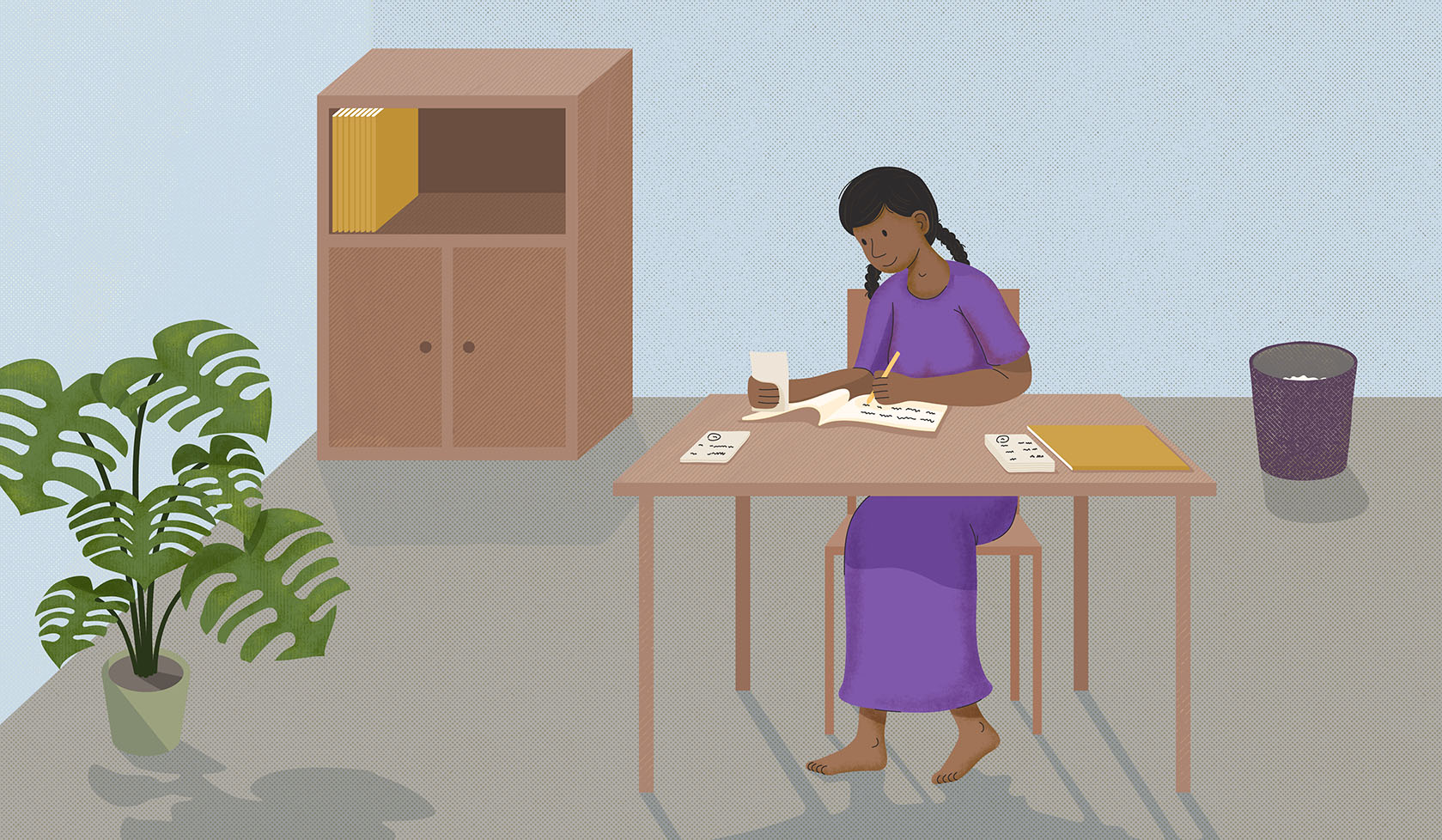 Ranjanita calculates costs for her business. Illustration: UN Women/Dinuk Senapatiratne