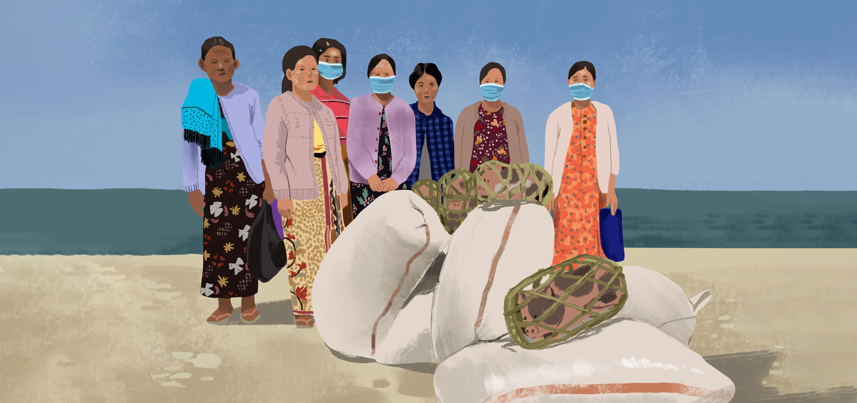 Some of the women from Ponnagyun village just after receiving some piglets through the CERF Programme in March 2022. Illustration: UN Women/Melanie Jarvis