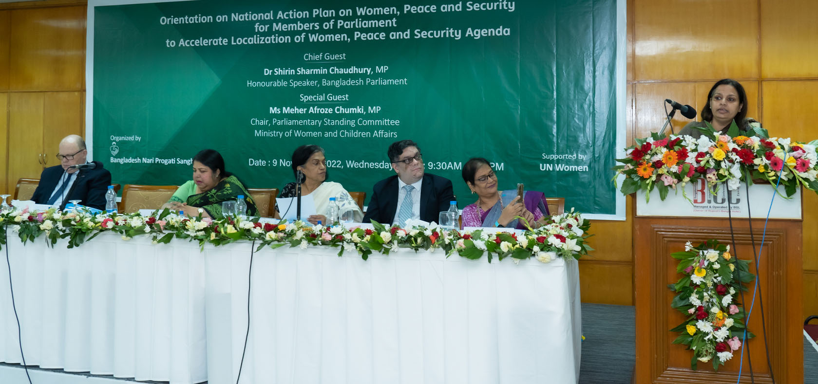 Gitanjali Singh (far-right)) delivers her remarks. Photo: BNPS