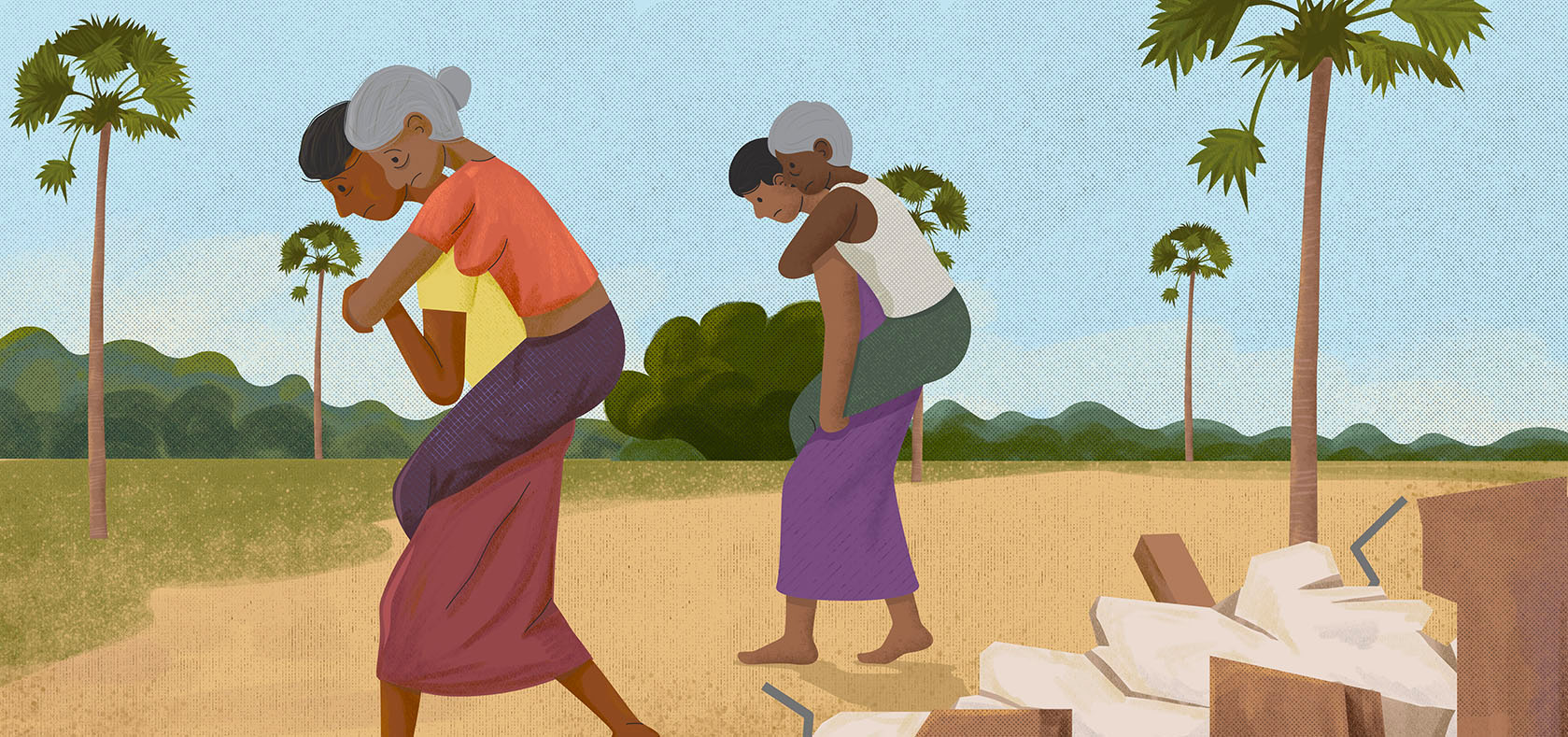 Saratha (left) and her sister travel from village to village carrying their elderly parents. Illustration: UN Women/Dinuk Senapatiratne