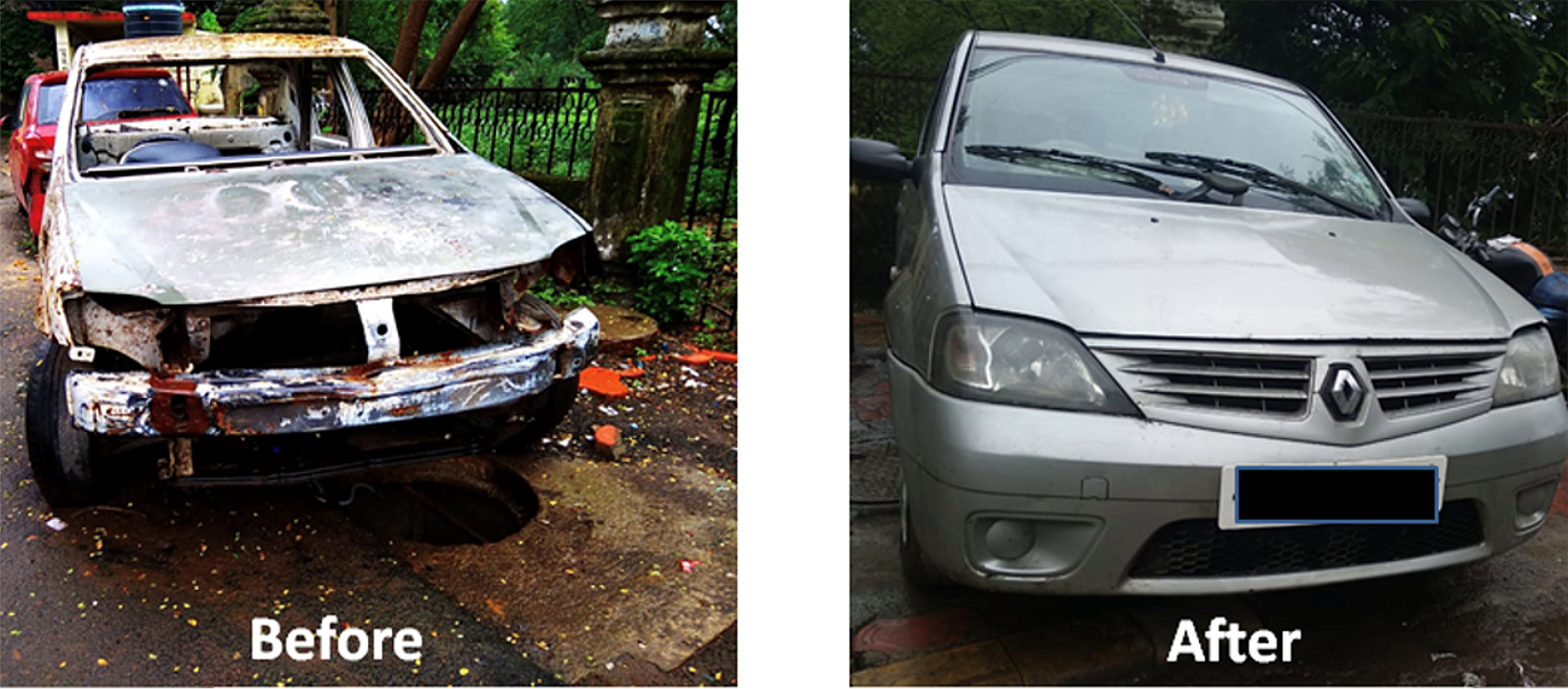 A before and after picture of Khushboo’s father’s car 