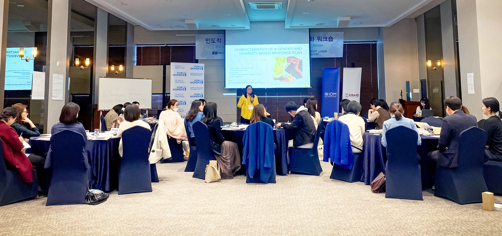Rowena Dacsig of UN Women Myanmar gives a presentation on characteristics of a gender and diversity based response plan to the group at the Training Workshop on Mainstreaming Gender Humanitarian Action, on 29 March 2023. Photo: IOM Republic of Korea