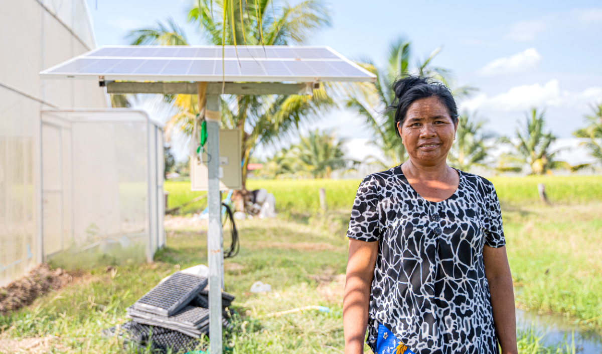 Im Heng used a loan to buy a solar-powered water pump for her rice farm.