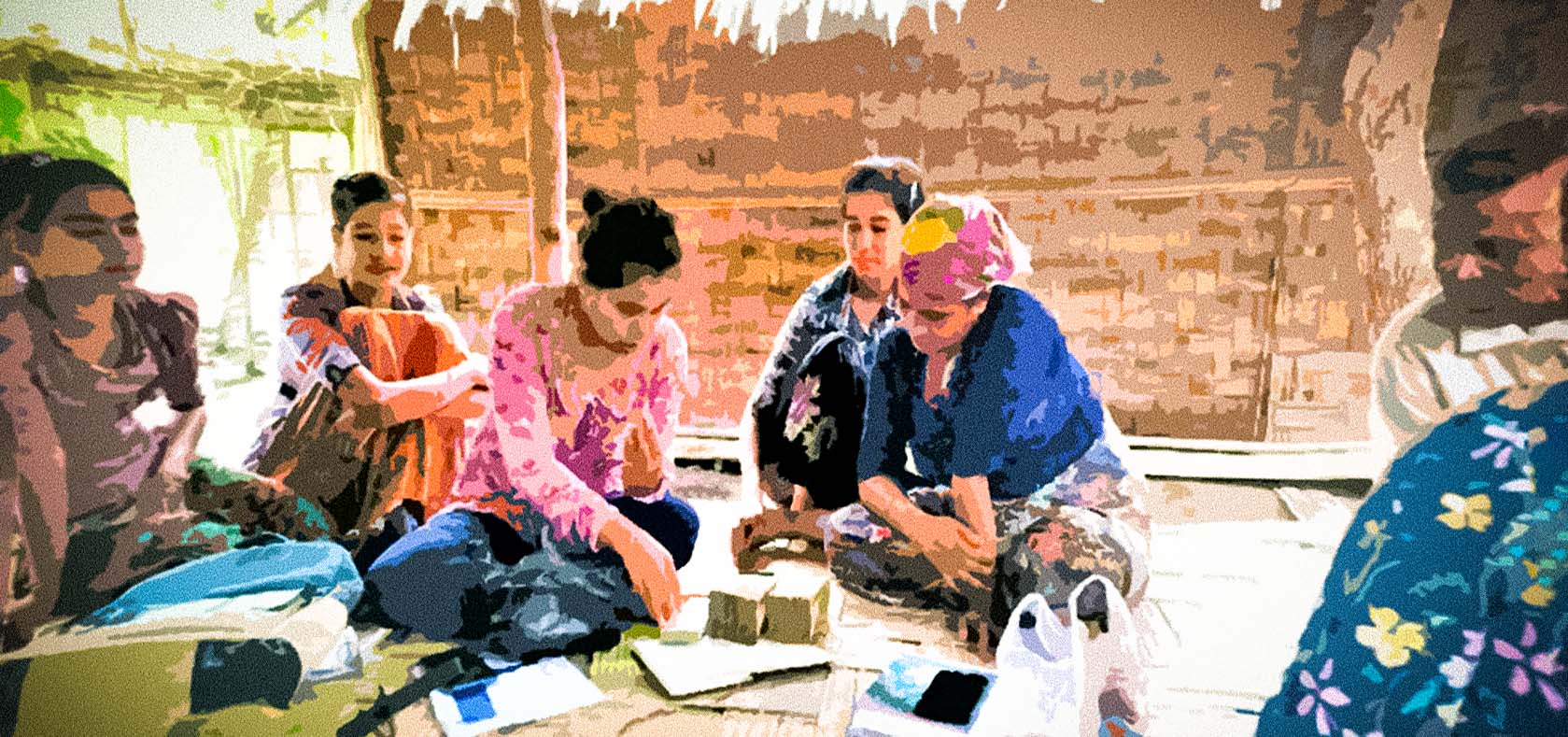 A group of women receives cash assistance for their animal husbandry collective from the CERF programme. Illustration based on a photo by UN Women.