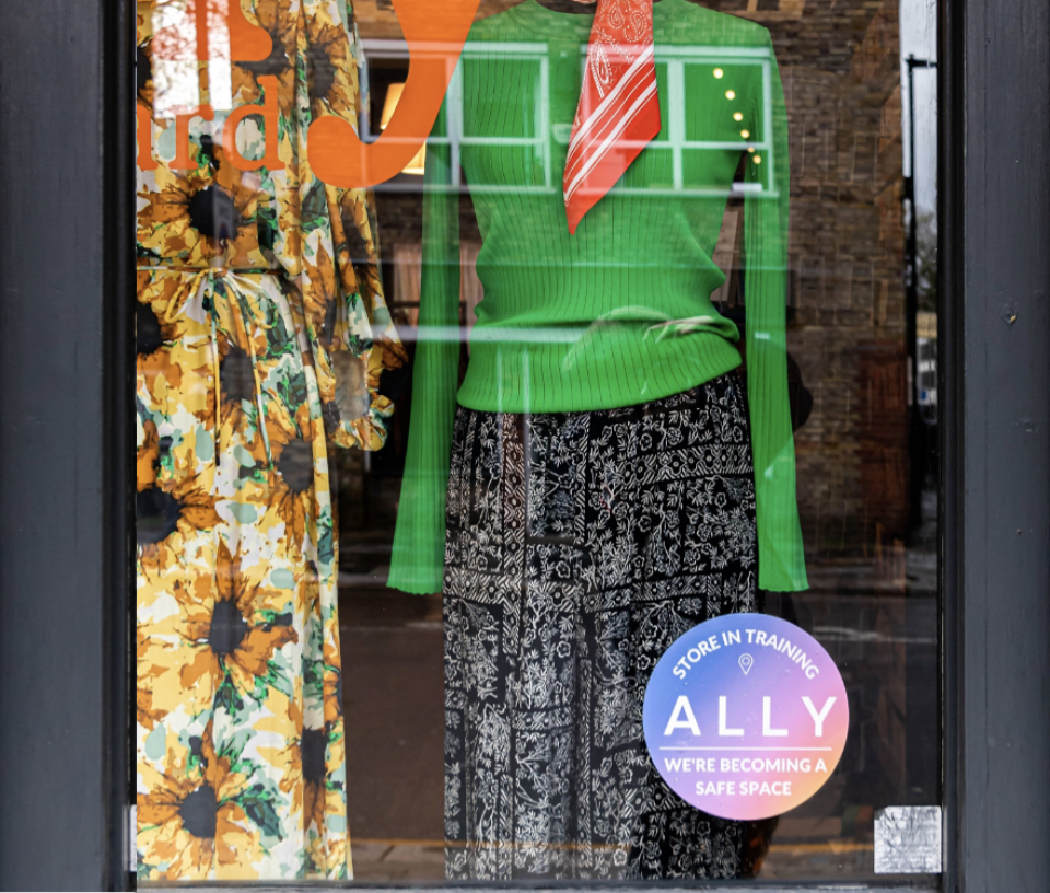 A store displaying the Ally sticker after completing their training and becoming a refuge for survivors of violence in Berlin. 