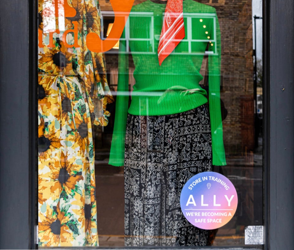 A store displaying the Ally sticker after completing their training and becoming a refuge for survivors of violence in Berlin. 