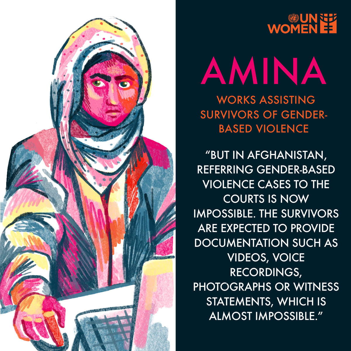 Amina  works for an Afghan-women-focused organization that seeks to assist survivors of gender-based violence.