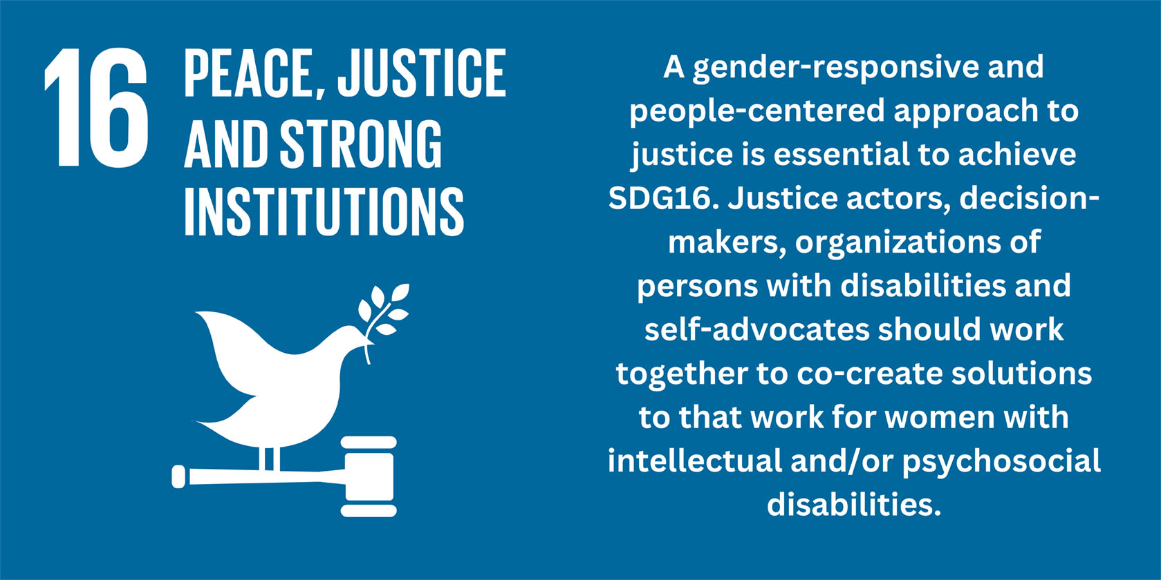 A gender-responsive and people-centered approach to justice is essential to achieve SDG16. Justice actors, decision-makers, organizations of persons with disabilities and self-advocates should work together to co-create solutions to that work for women with intellectual and/or psychosocial disabilities.