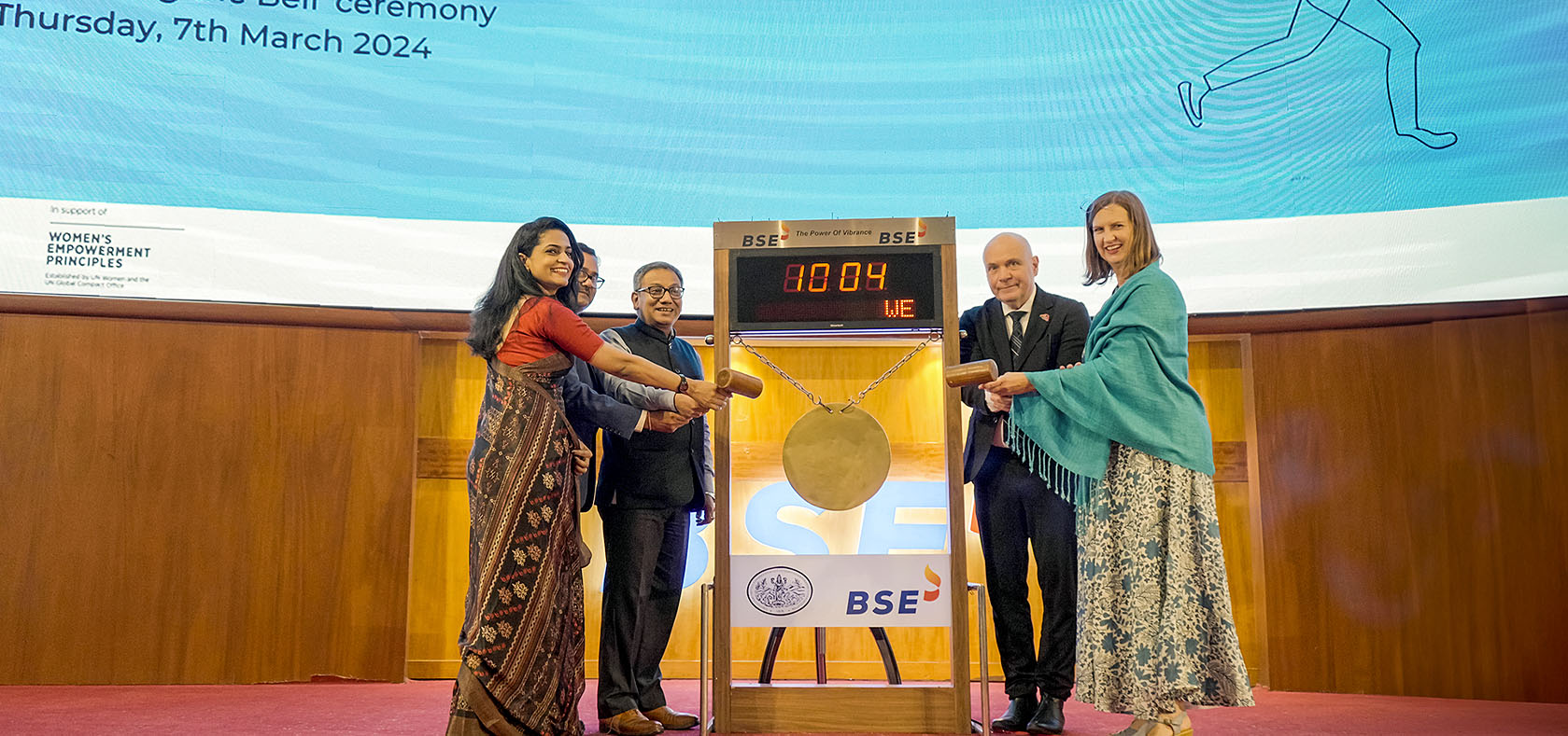 Ringing the bell at BSE India on 7th March 2024. Photo: UN Women