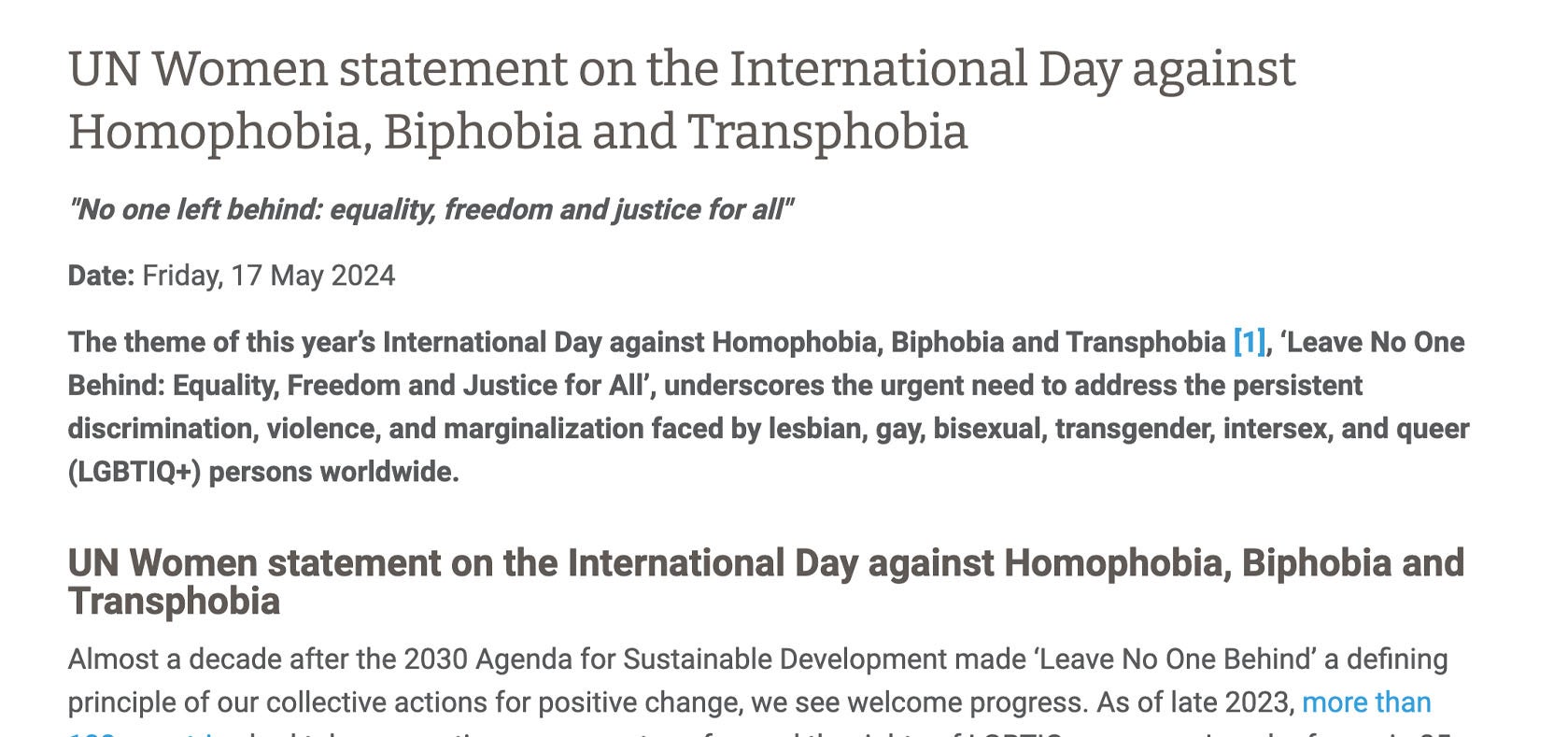 UN Women statement on the International Day against Homophobia, Biphobia and Transphobia, 2024