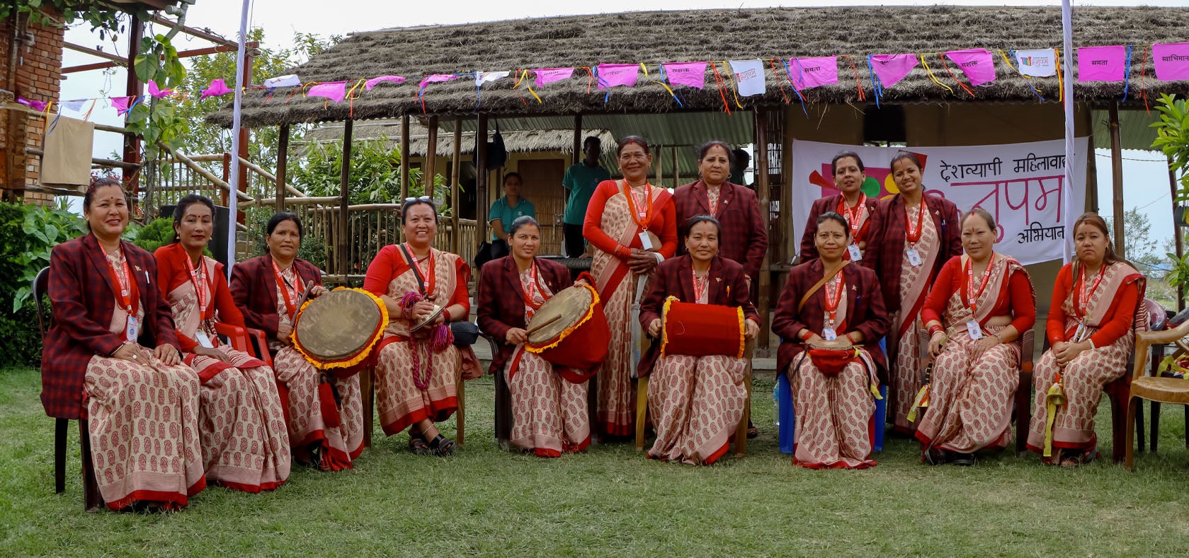 All-women traditional music band ‘Sirjanshil Mahila Naumati Baja’ at Padmalaya, Nawalpur in Nepal. Photo: UN Women/Sangharsha Panta