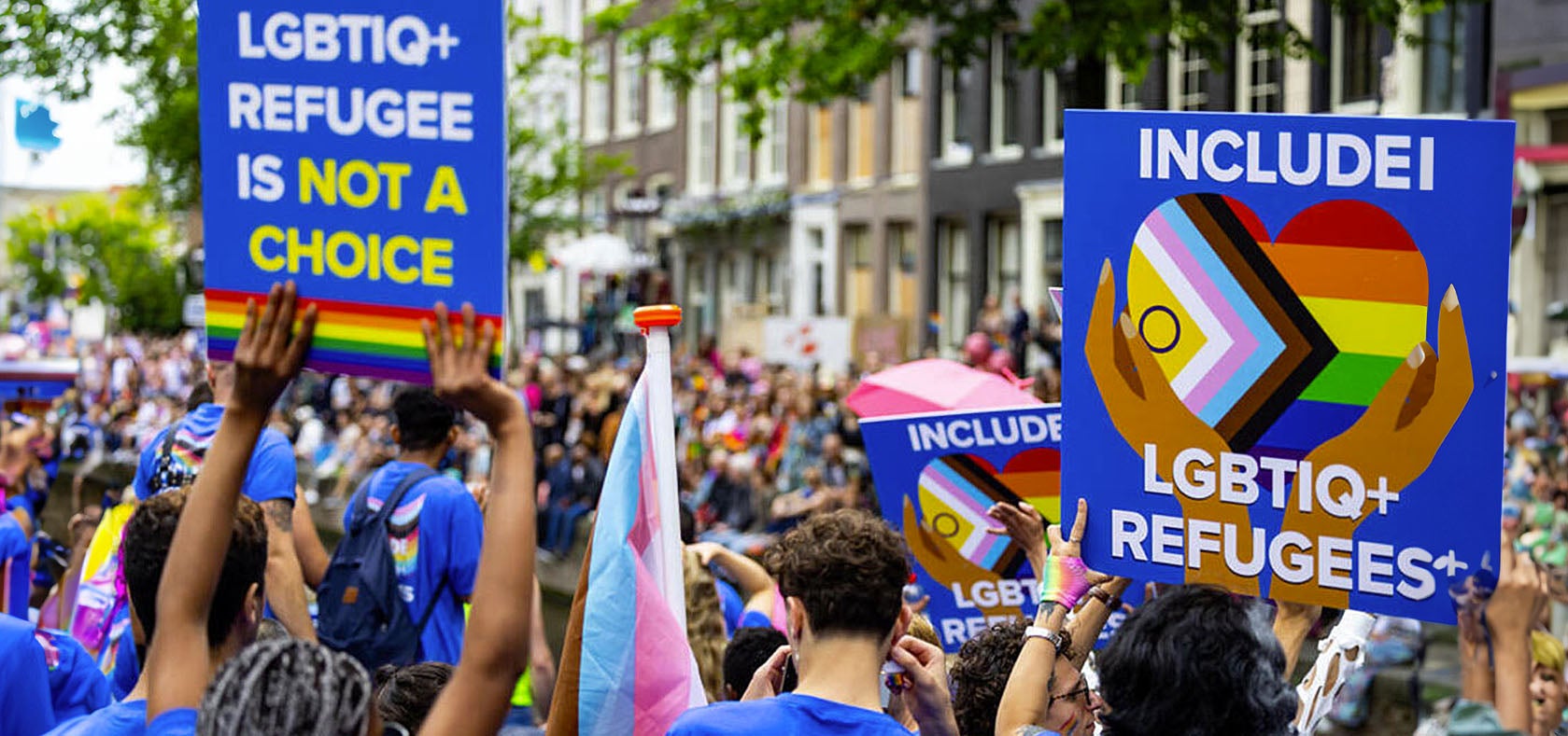 LGBTIQ+ refugees and asylum seekers from all over the world celebrate Pride on UNHCR’s boat during the Canal Parade of Pride Amsterdam. Photo: UNHCR/Tim Mai Tan