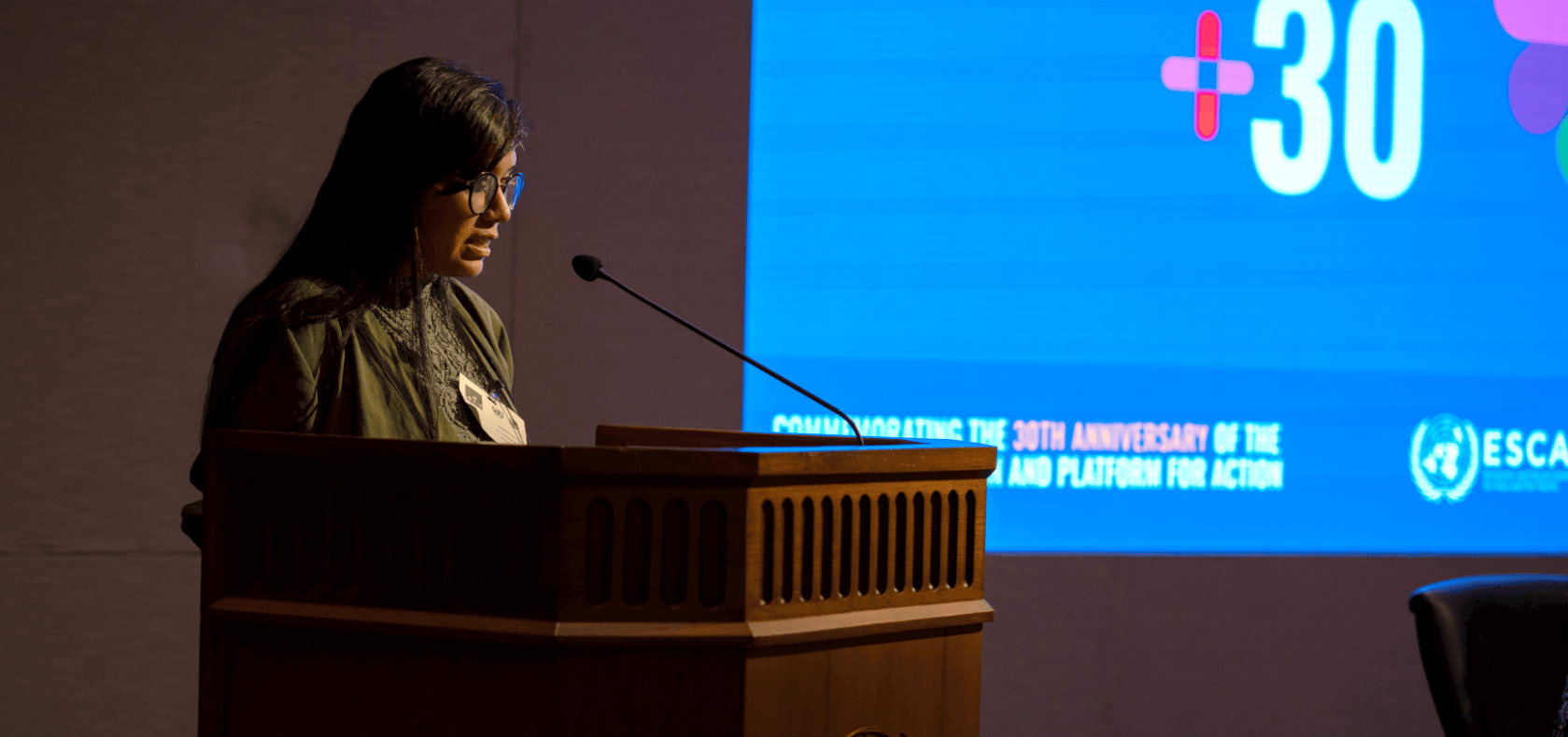 Sushmita S Preetha of The Daily Star in Dhaka, Bangladesh reads out the “manifesto” at the Beijing+30 press conference at United Nations Conference Centre on 21 November 2024. 