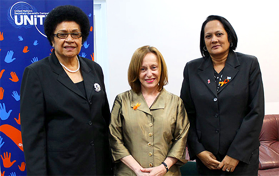 (From left to right) Fiji’s Speaker of Parliament Dr Jiko Luveni, UN Resident Coordinator Osnat Lubrani, Minister of Women, Children and Poverty Alleviation Rosy Akbar.  Photo: UN Women/Sereana Narayan