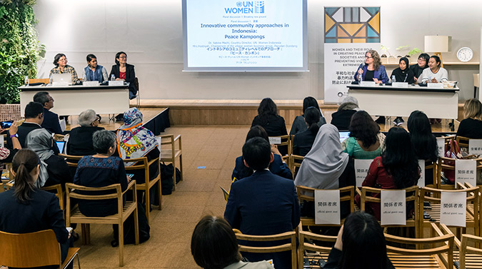 Representatives from the grassroots level in Indonesia and Bangladesh discuss the changes they have seen in their communities since the start of the UN Women programme. Photo: UN Women/STORY CO., LTD 