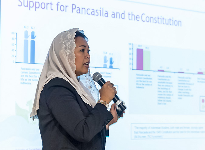 Yenny Wahid, founder of the Wahid Foundation, presents the research finding that approximately 1 in 3 Muslim women in Indonesia is willing to participate in radical activities through material donation. Photo: UN Women/STORY CO., LTD
