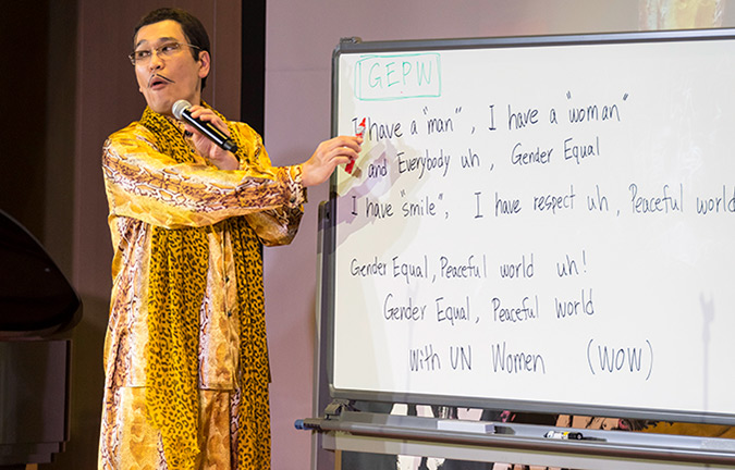 PIKOTARO explains the lyrics of his new song, stating that to have a peaceful world, we must consider everybody - men and women and everyone in between. Photo: UN Women/STORY CO., LTD https://flic.kr/p/23PpELd