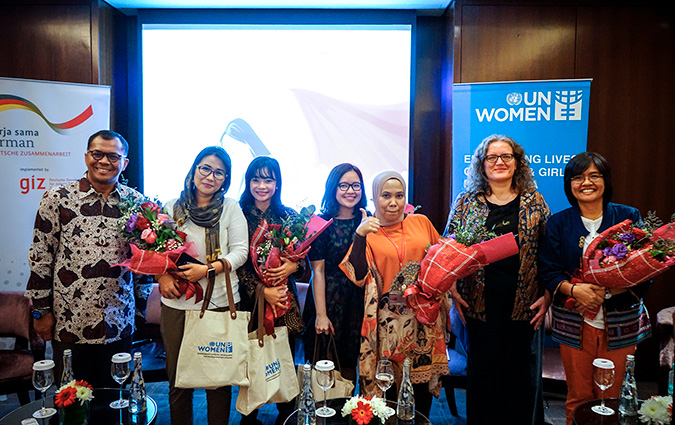 Deputy Country Director for Indonesia of German International Development Agency GIZ, Zulazmi (left) and UN Women Representative, Sabine Machl (right) with the panelists of the talkshow titled "Urban Activism and More Opportunities for Women's Empowerment". Photo: GIZ/Arvianto