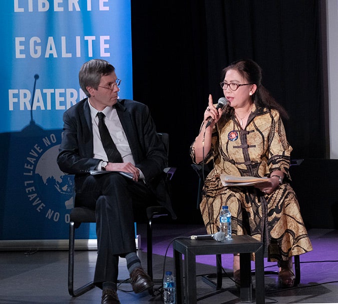 Prof. Vennetia Danes, Deputy Minister for Women's Rights Protection, spoke about programme that the Ministry of Women's Empowerment and Child Protection has done to ensure the protection of women's rights. Photo: UN Women/ Putra Djohan.