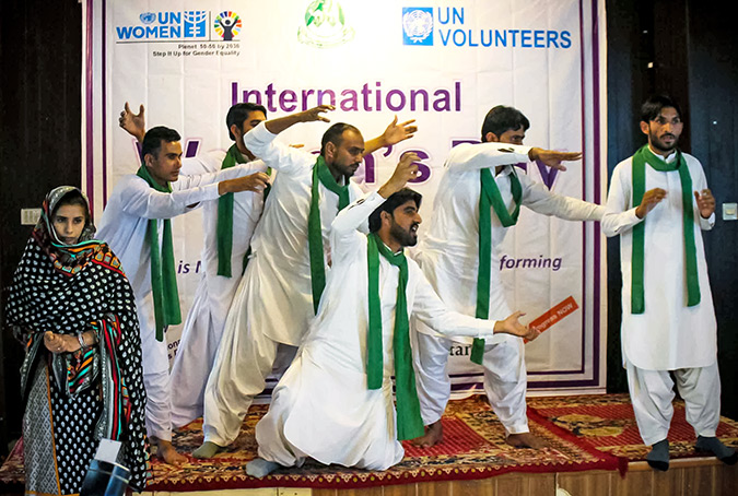 A theatre group does a performance on treating sons and daughters equally, at the 8 March event. Photo: UN Women/Anam Abbas