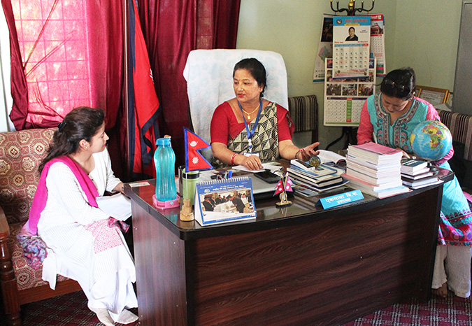 Ek Maya B.K., centre, Vice Chair of Khajura Rural Municipality in Banke, Nepal, meets with UN Women officials in her office on 28 June 2018. During the discussion, she highlighted the challenges and opportunities of women in leadership positions in Nepal. Photo: SABAH/Ayush Chaudhary