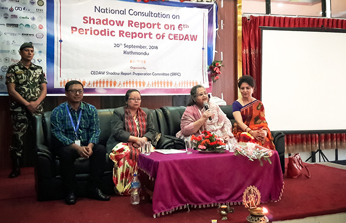 Chandni Joshi, Chair of the National Consultation on the Shadow Report for the Nepal’s Sixth Periodic Report to the CEDAW Committee, addressed the event along with Hon. Minister for Women, Children and Senior Citizens, Tham Maya Thapa, and CEDAW Committee member Bandana Rana. Photo: UN Women/Gitanjali Singh
