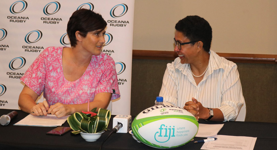 L - R Ms Abigail Erikson Ending Violence Against Women Programme Specialist for UN Women Fiji MOC and Ms Cathy Wong Oceania Rugby Women’s Director. Photo: UN Women